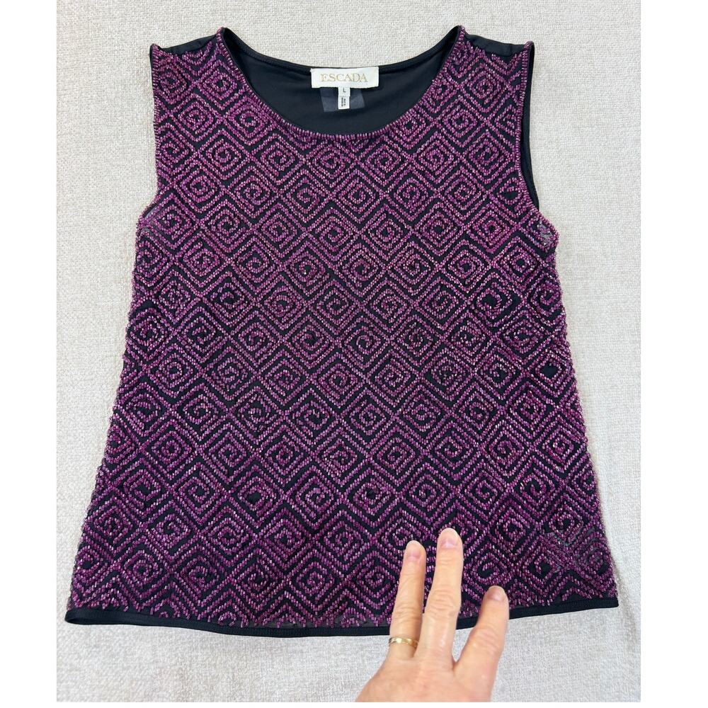 Escada Women Large Pink Black Beaded Elegant Dressy Layering Tank Top Blouse